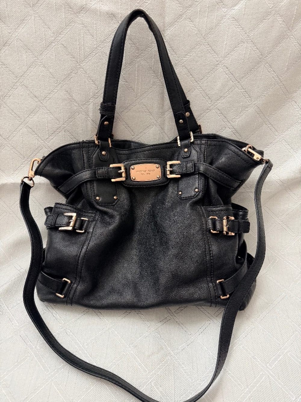 Michael Kors Black Leather Satchel Crossbody Bag Rose Gold Hardware